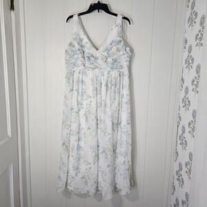 Birdy Grey Chiffon Sundress White Green Floral Pleated Wedding Guest Size 1X